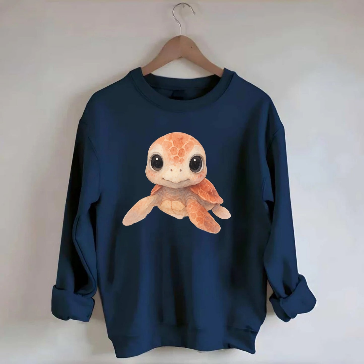 Baby Loggerhead Turtle - reddish-brown shell, big round dark eyes, chunky - Crewneck Sweatshirt - navy