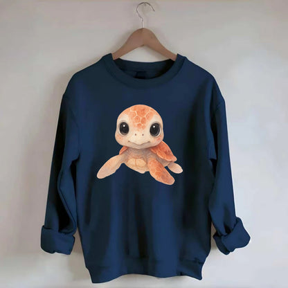 Baby Loggerhead Turtle - reddish-brown shell, big round dark eyes, chunky - Crewneck Sweatshirt - navy