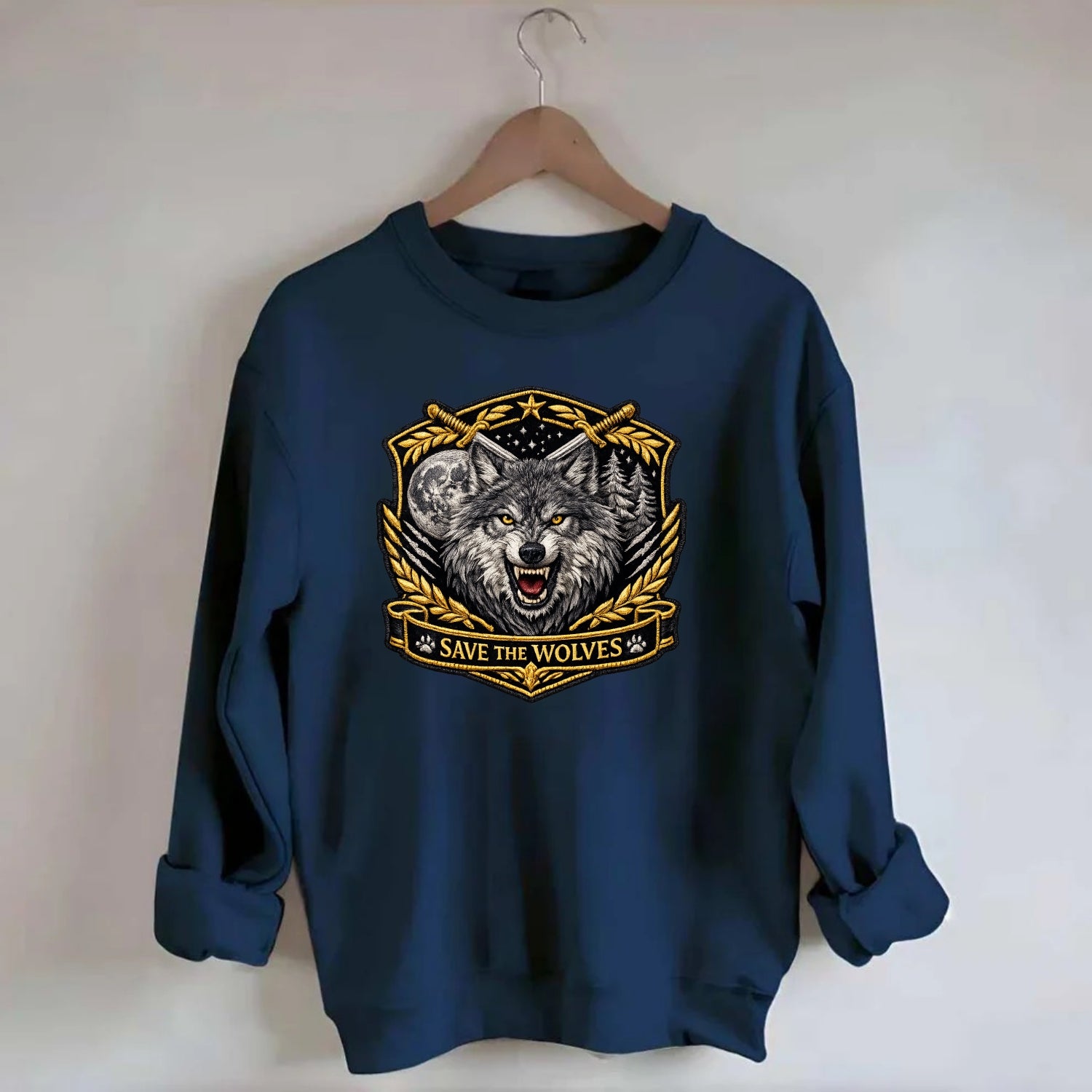 SAVE THE WOLVES - wolf moon in gray , predator protection - Crewneck Sweatshirt - navy