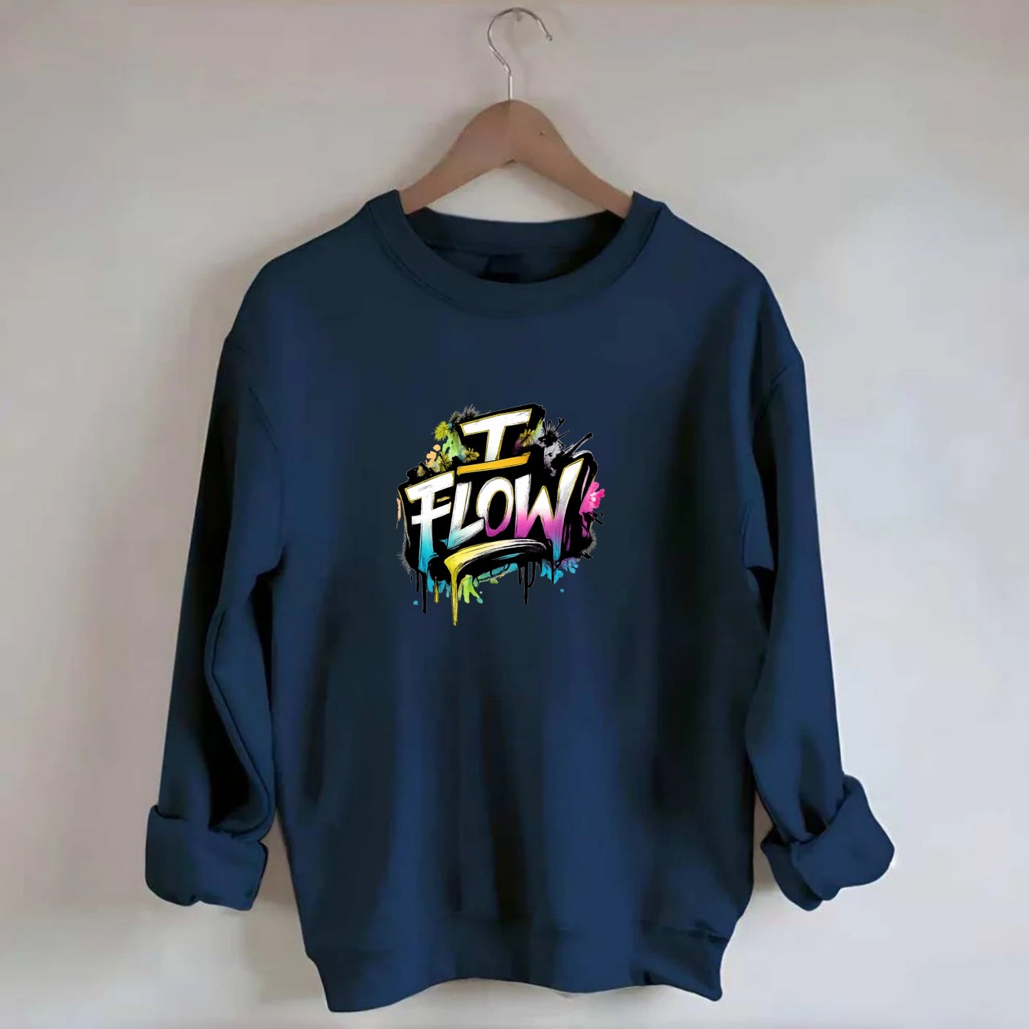 Bold typography design - "I FLOW" - going with life, easy movement - Crewneck Sweatshirt - navy