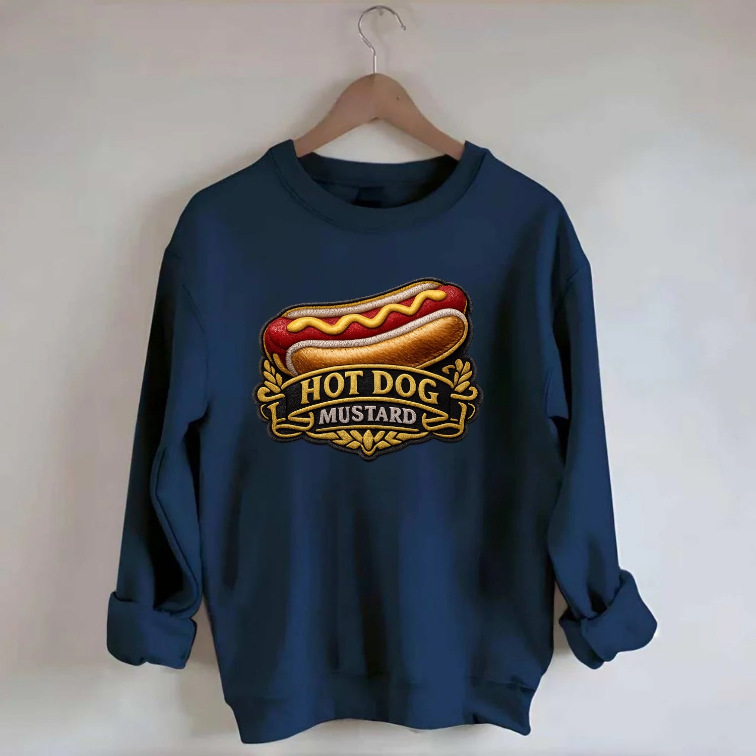 HOT DOG MUSTARD - classic hot dog in tan yellow red , ballpark food - Crewneck Sweatshirt - navy