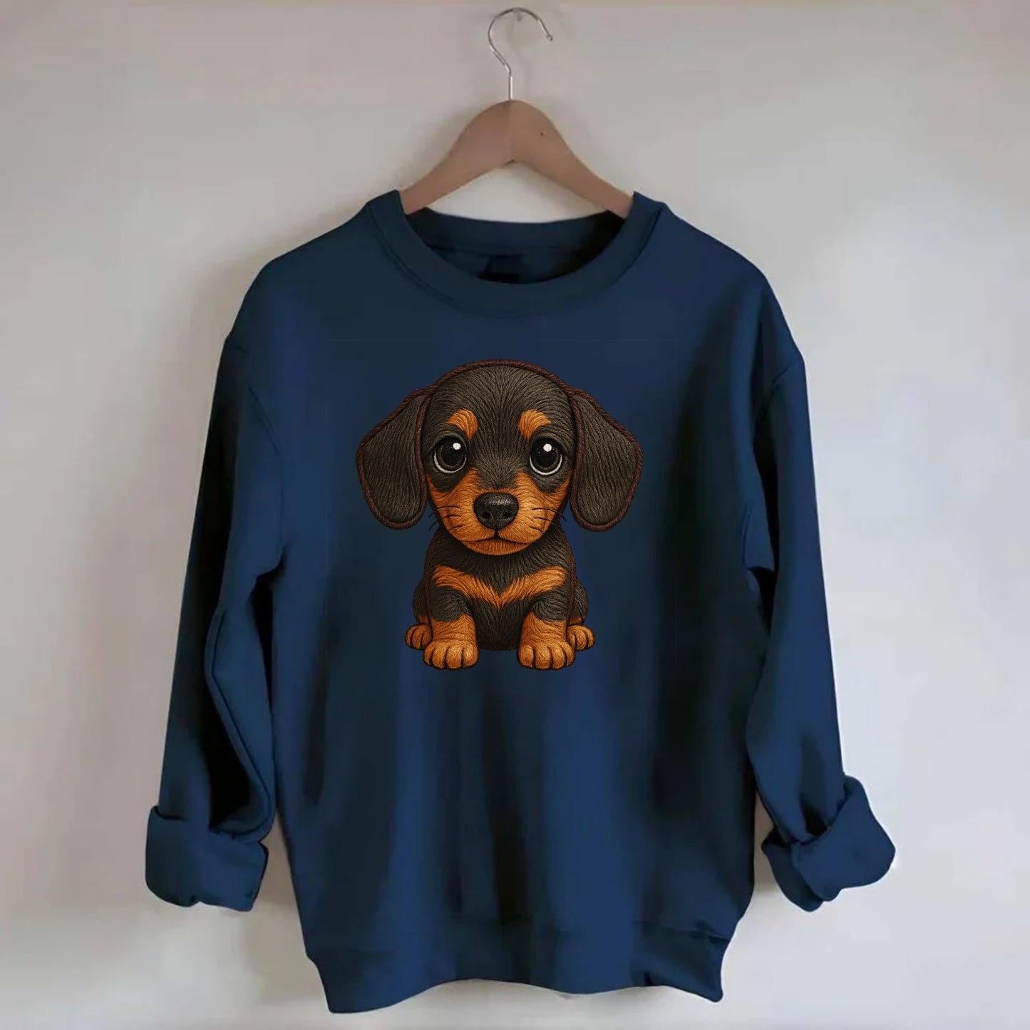 Baby Dachshund Puppy - long body, short legs, floppy ears, curious eyes, - Crewneck Sweatshirt - navy