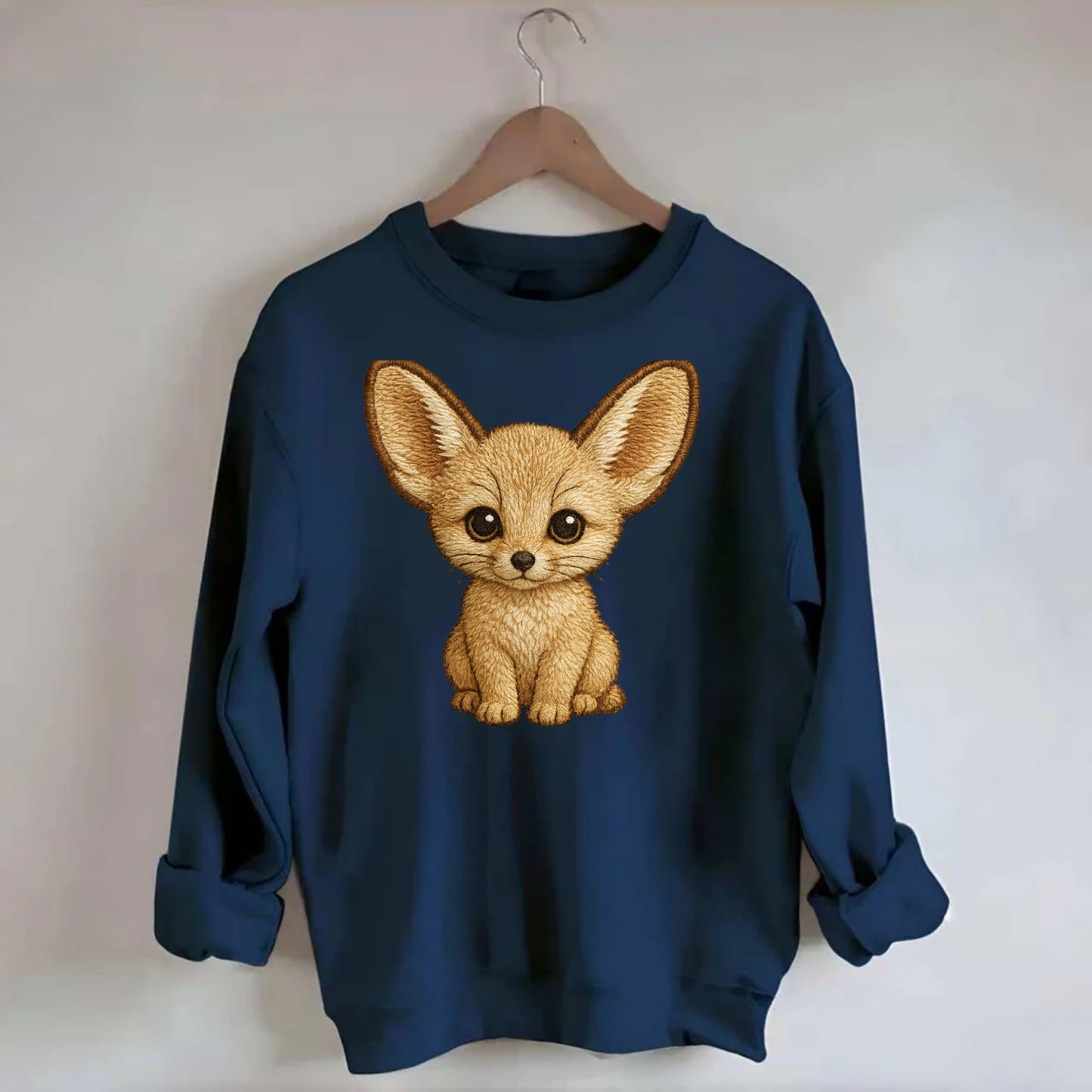 Baby Fennec Fox - huge ears, cream fur, large dark eyes, front-facing, desert - Crewneck Sweatshirt - navy