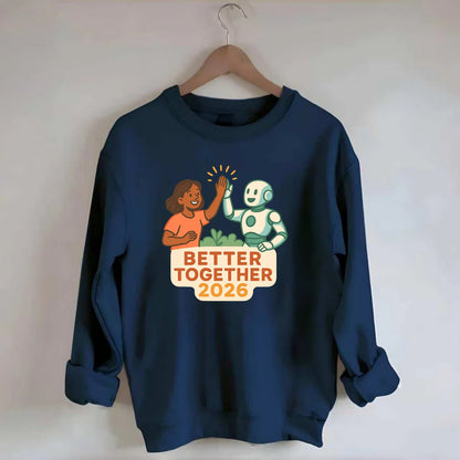 Human and AI robot high-fiving as collaborative partners - "Better Together - Crewneck Sweatshirt - navy