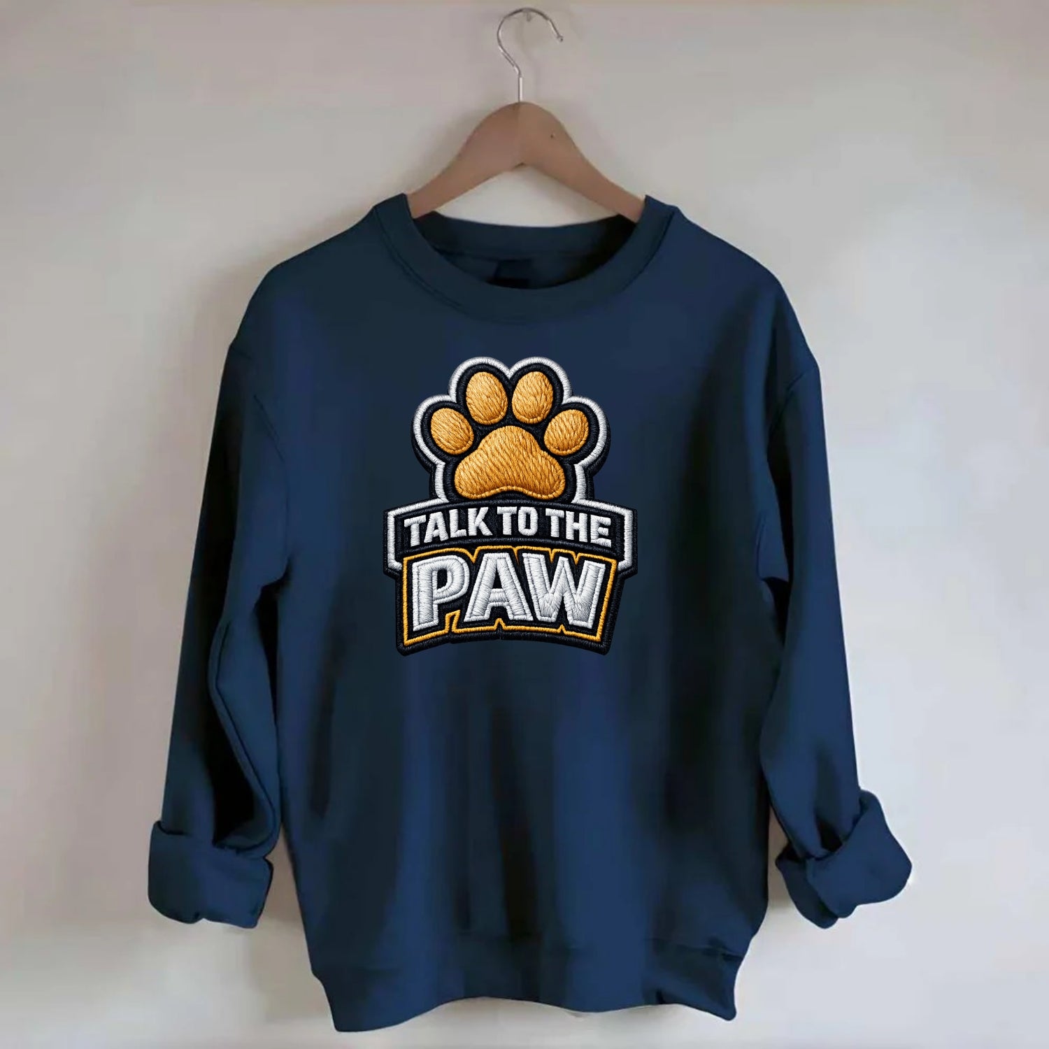 TALK TO THE PAW - raised paw in tan , sassy pet - Crewneck Sweatshirt - navy