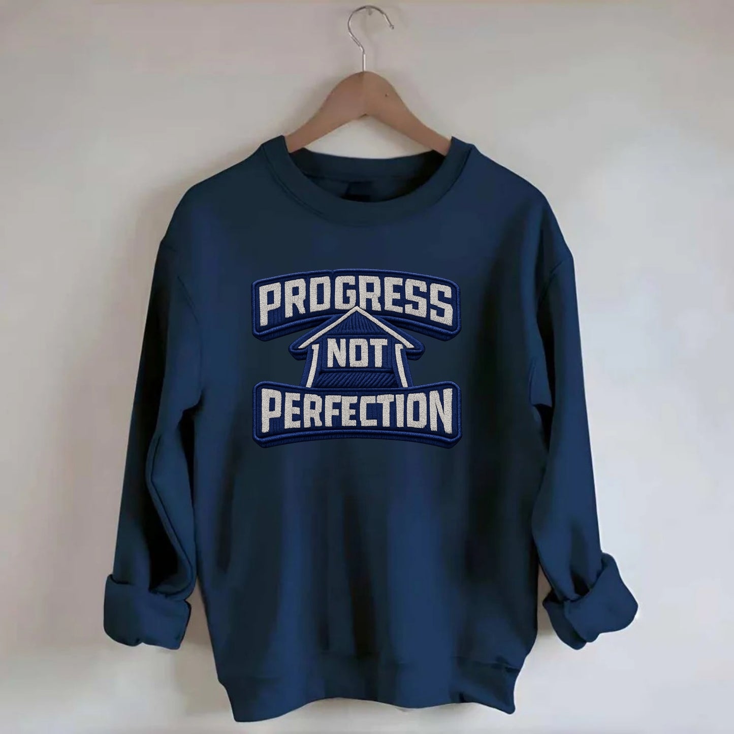 PROGRESS NOT PERFECTION - arrow with text in blue , growth mindset - Crewneck Sweatshirt - navy