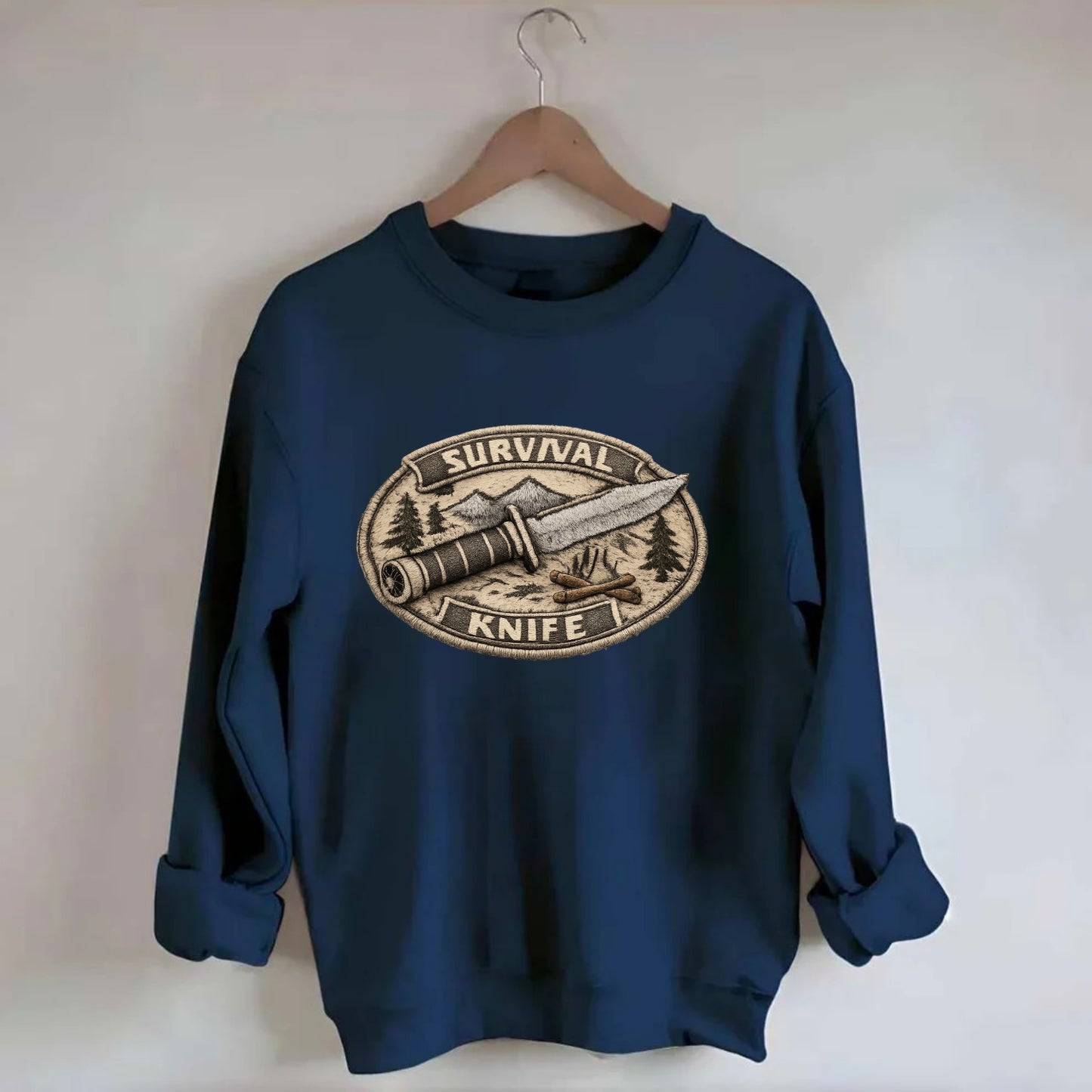 SURVIVAL KNIFE - fixed blade with compass in silver and black , bushcraft - Crewneck Sweatshirt - navy