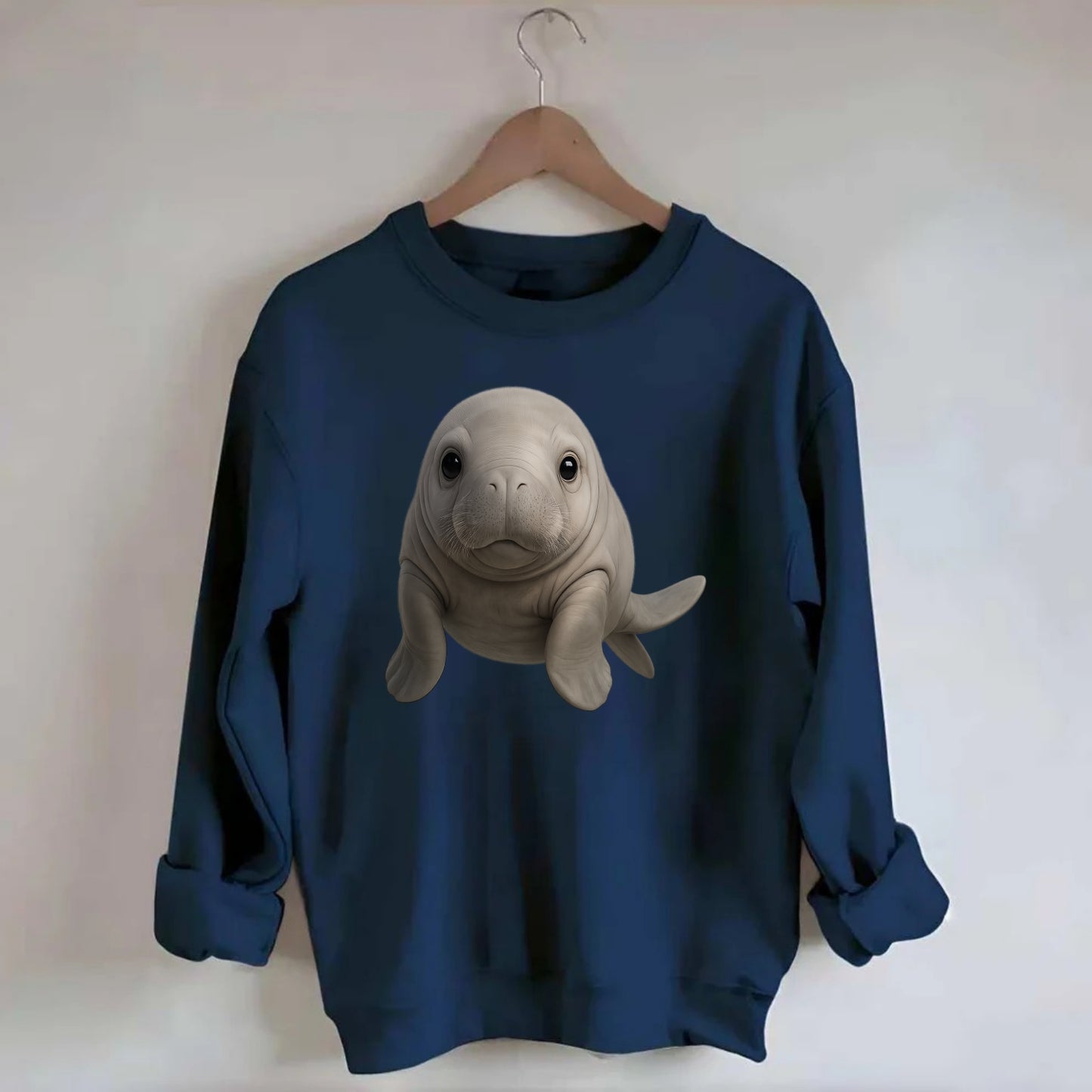 Baby Dugong - gray with paddle tail, gentle expression, whiskers, - Crewneck Sweatshirt - navy