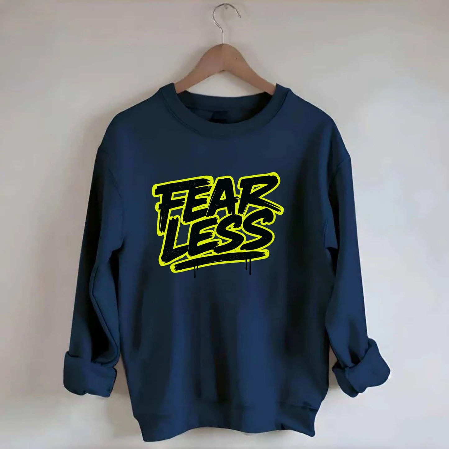 Bold typography design - "FEARLESS" - courage, bravery, facing challenges - Crewneck Sweatshirt - navy