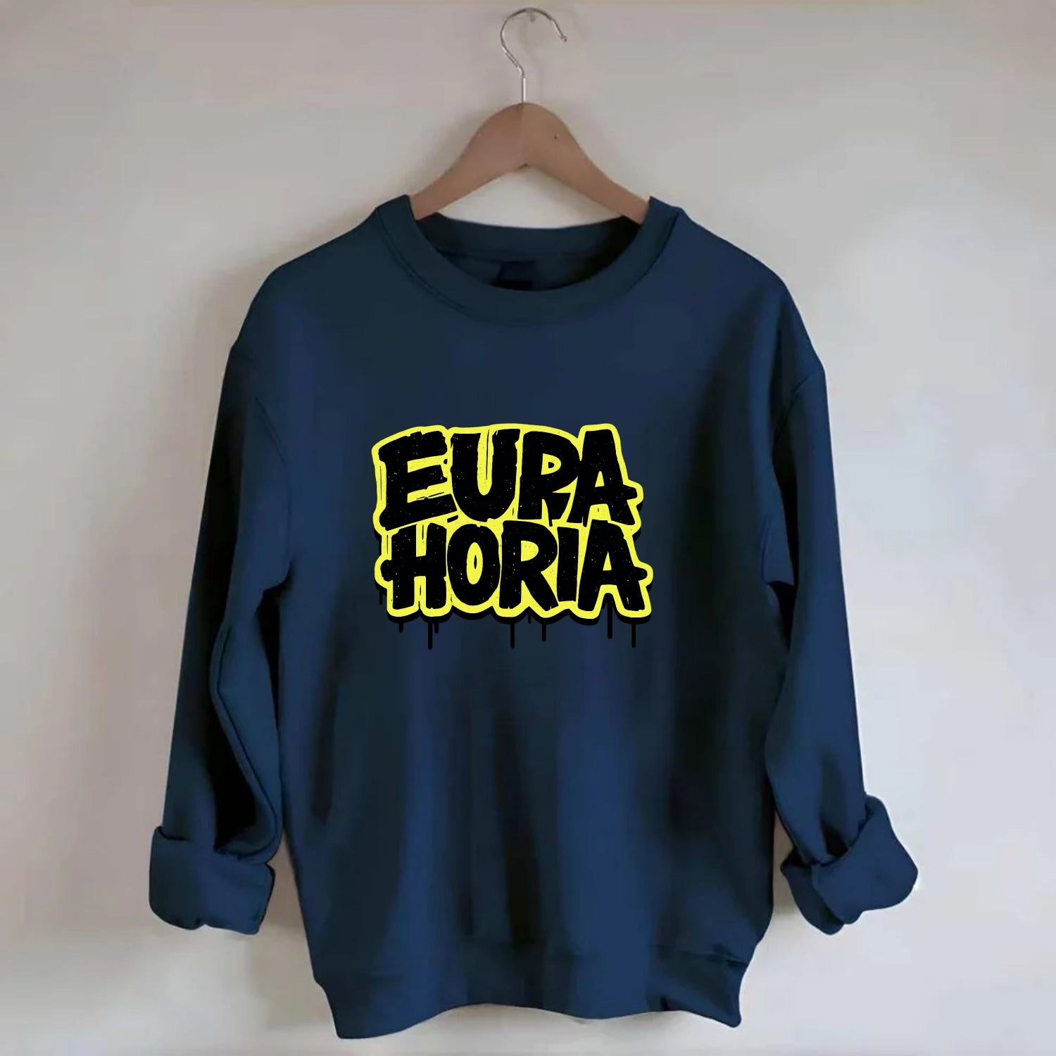 Bold typography design - "EUPHORIA" - intense happiness, ecstasy - Crewneck Sweatshirt - navy