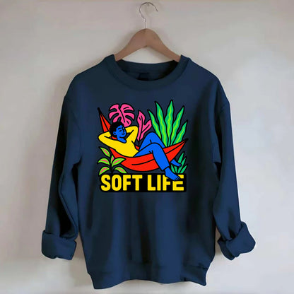 Person relaxing in hammock with plants - "soft life" aesthetic, peaceful - Crewneck Sweatshirt - navy