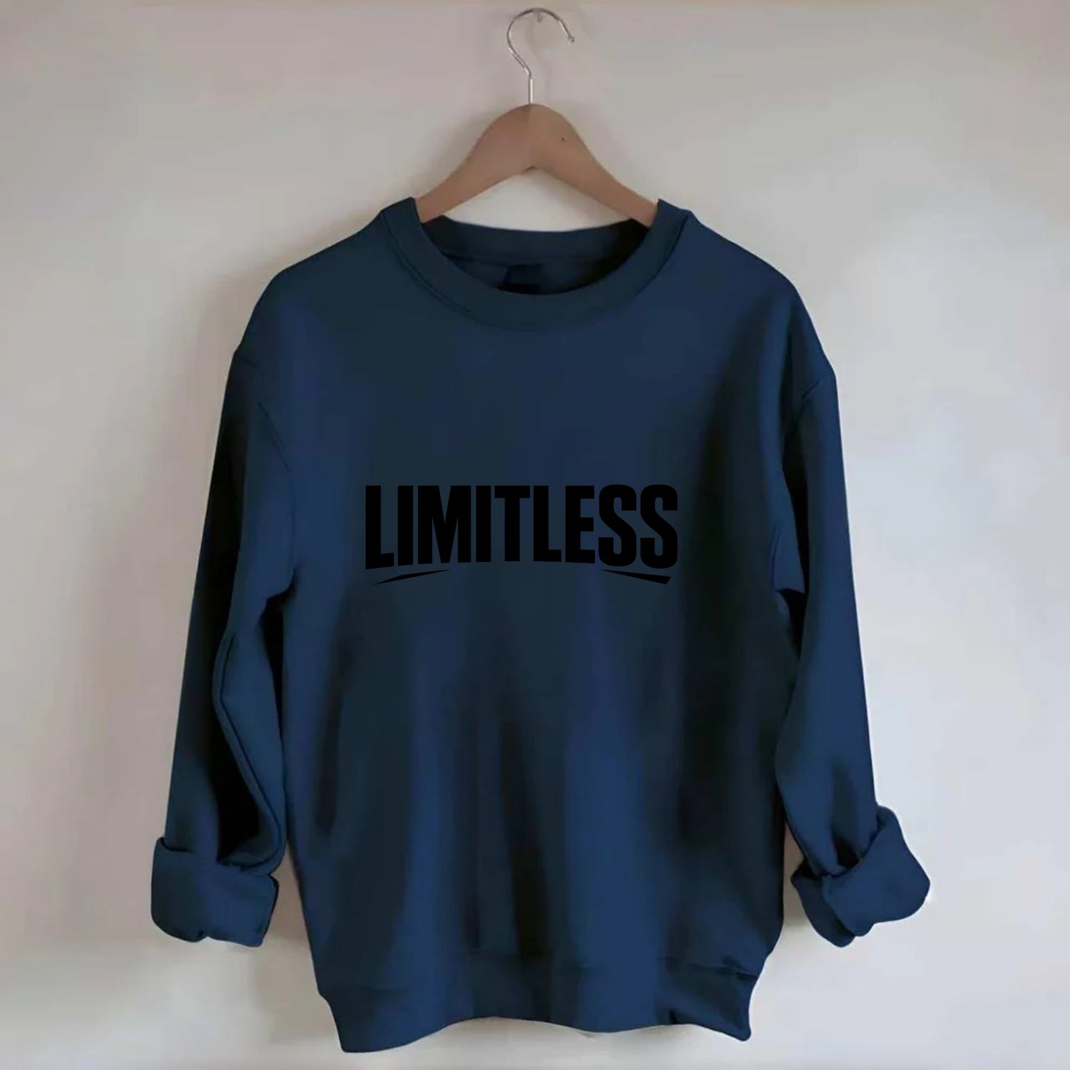 Bold typography design - "LIMITLESS" - no boundaries, infinite potential - Crewneck Sweatshirt - navy