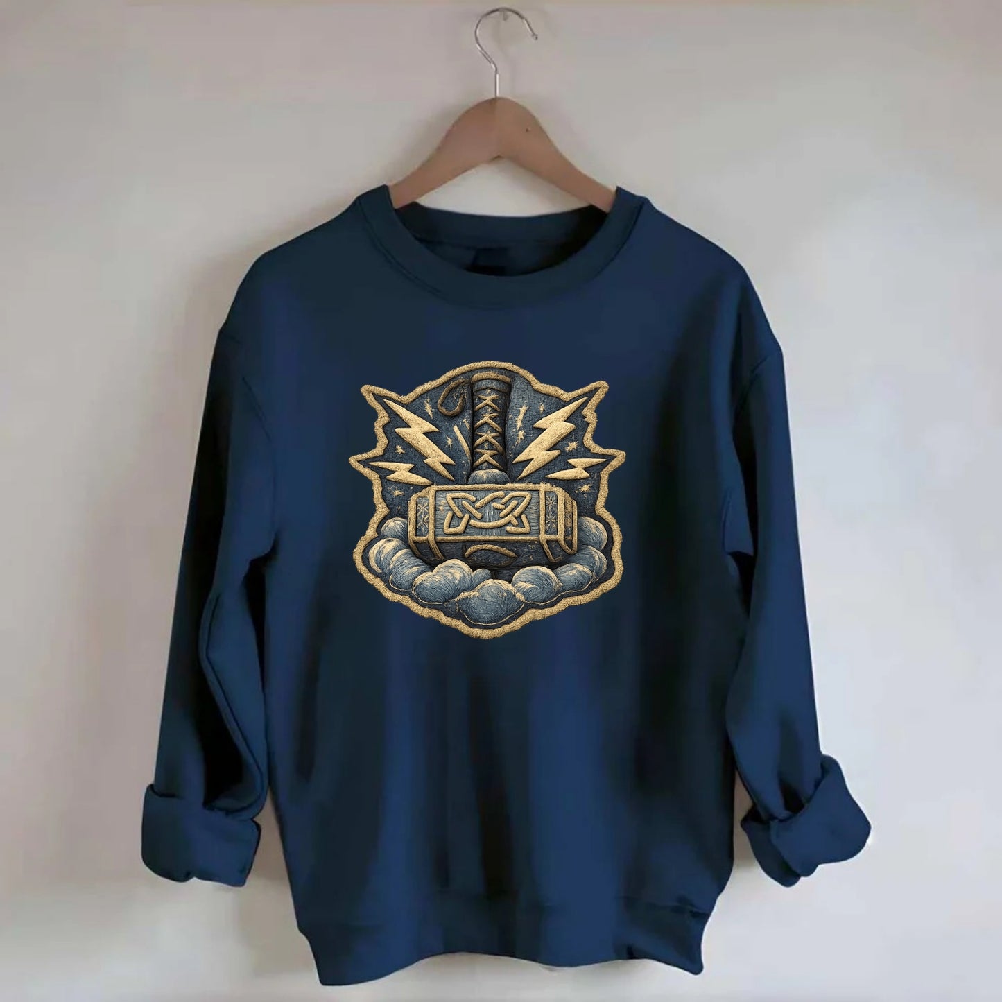 THOR HAMMER MJOLNIR - mighty hammer in silver and blue , thunder god - Crewneck Sweatshirt - navy