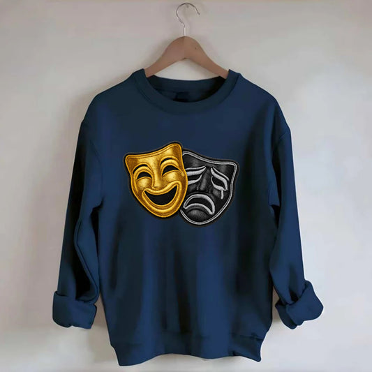 BROADWAY MASKS - comedy tragedy masks in gold and black , theater - Crewneck Sweatshirt - navy