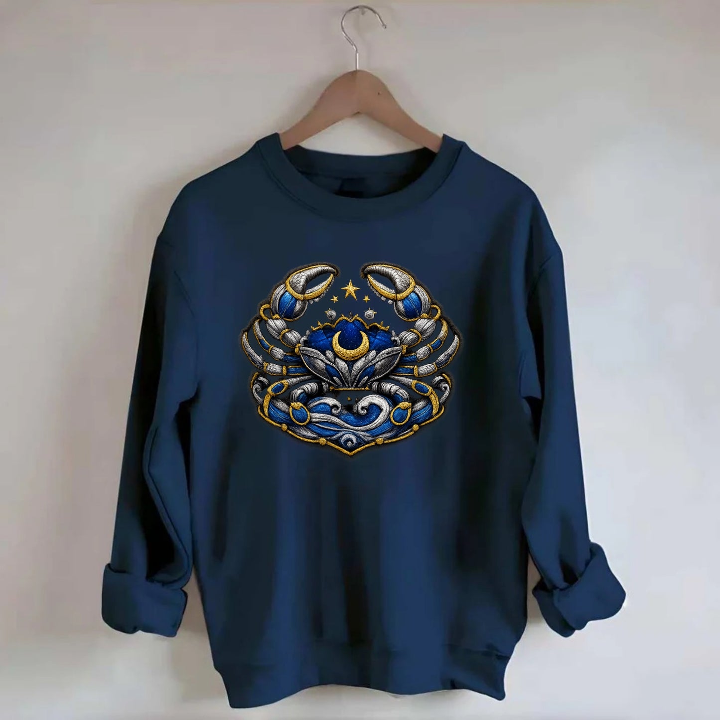 CANCER CRAB - protective crab in silver and blue , water sign - Crewneck Sweatshirt - navy
