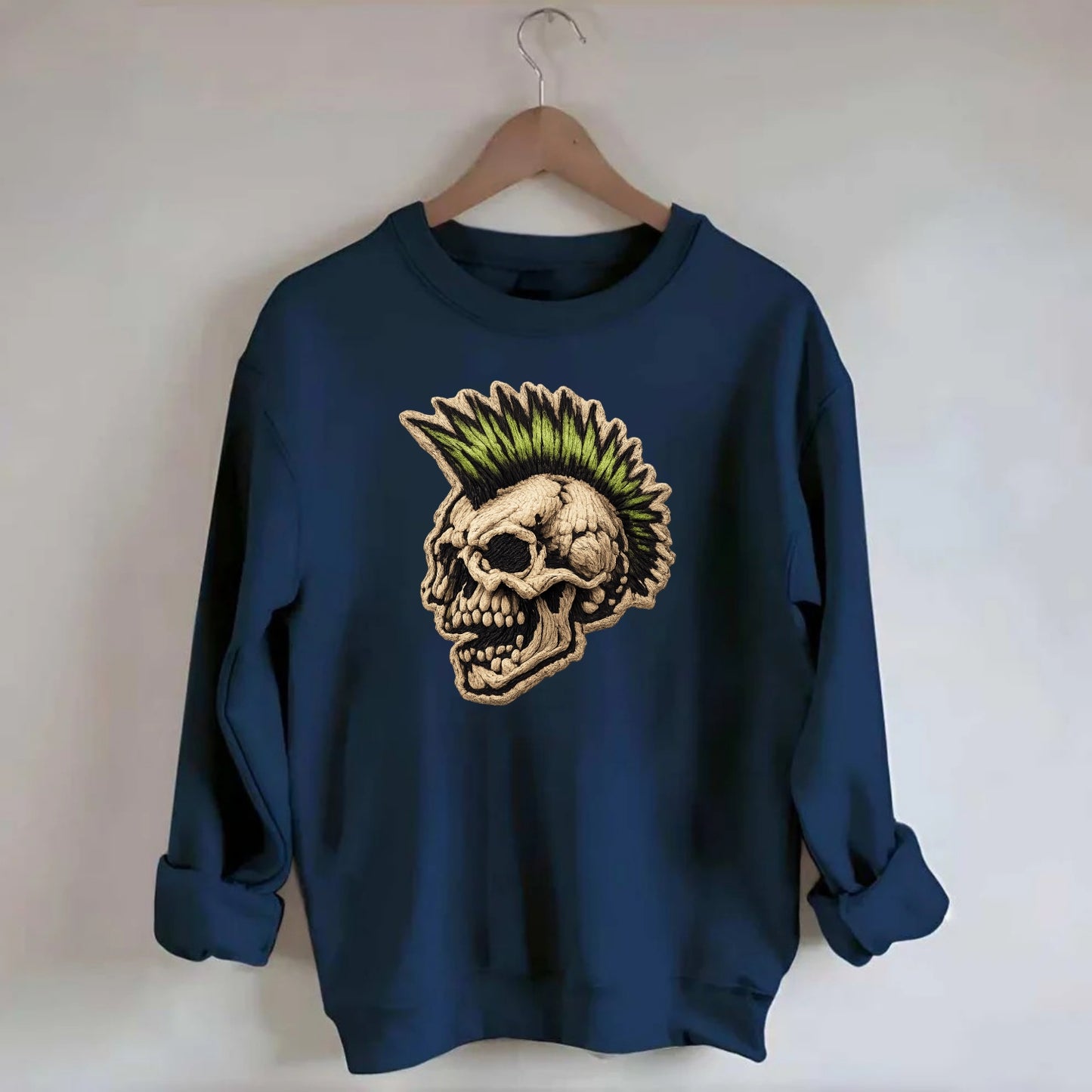 MOHAWK SKULL - punk skull with mohawk in neon green and black , punk rock - Crewneck Sweatshirt - navy