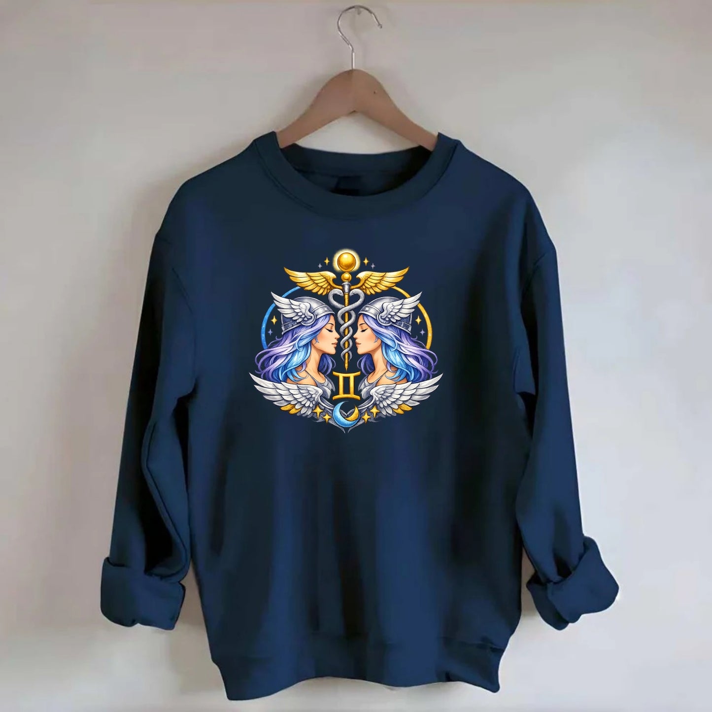 MERCURY WINGS | Winged messenger symbol | Caduceus staff | Swift - Crewneck Sweatshirt - navy
