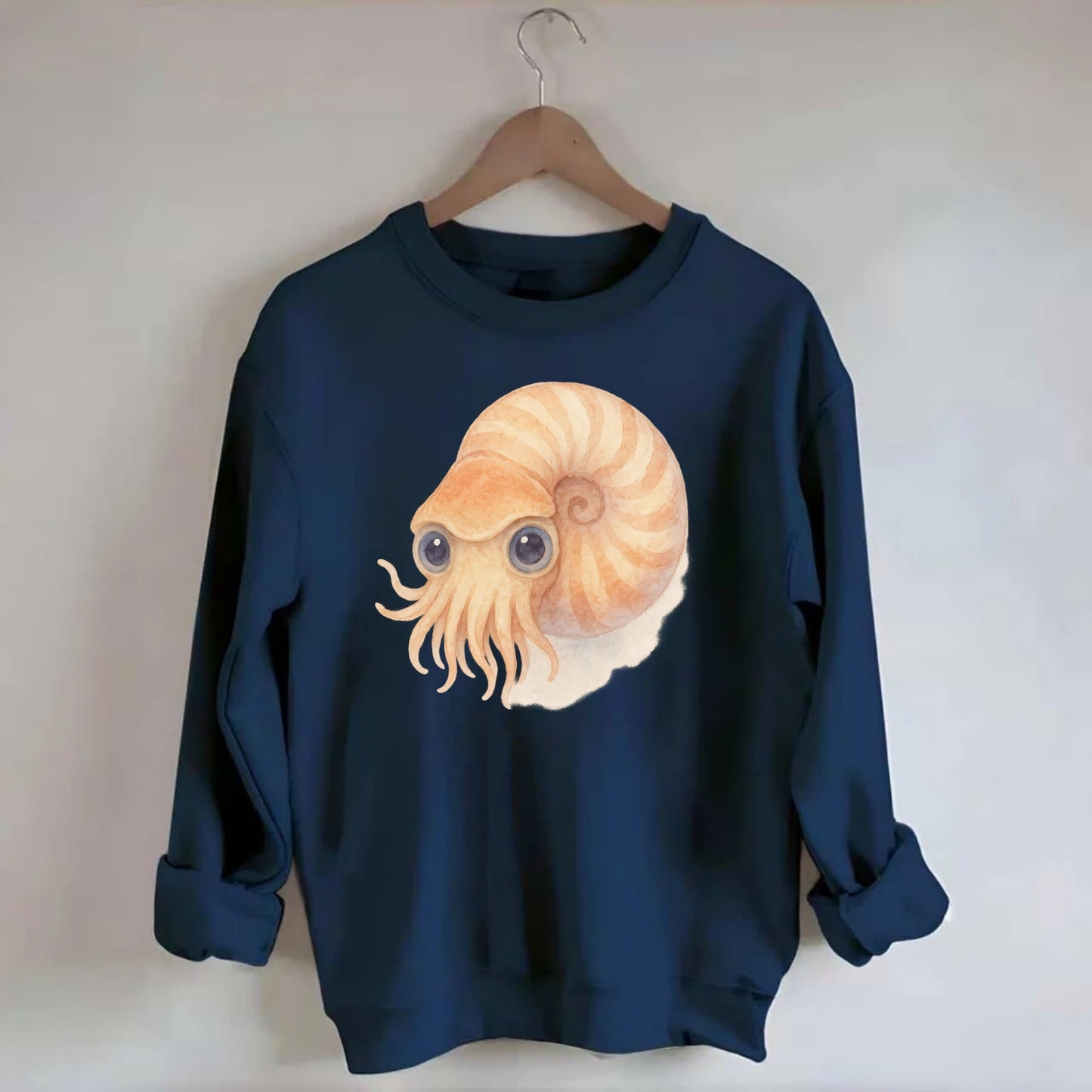 Baby Nautilus - spiral shell, tentacles peeking, ancient eyes, front-facing, - Crewneck Sweatshirt - navy