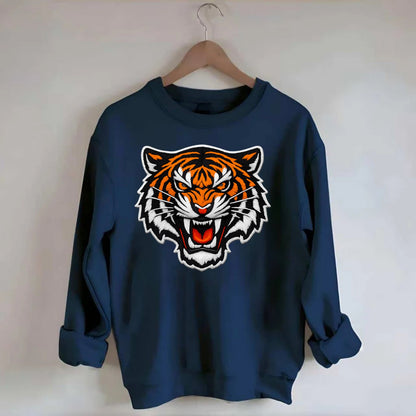 TIGER STRIPES FACE - fierce tiger face in orange, black and white , predator - Crewneck Sweatshirt - navy