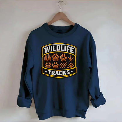 WILDLIFE TRACKS - animal footprints in brown , tracker - Crewneck Sweatshirt - navy