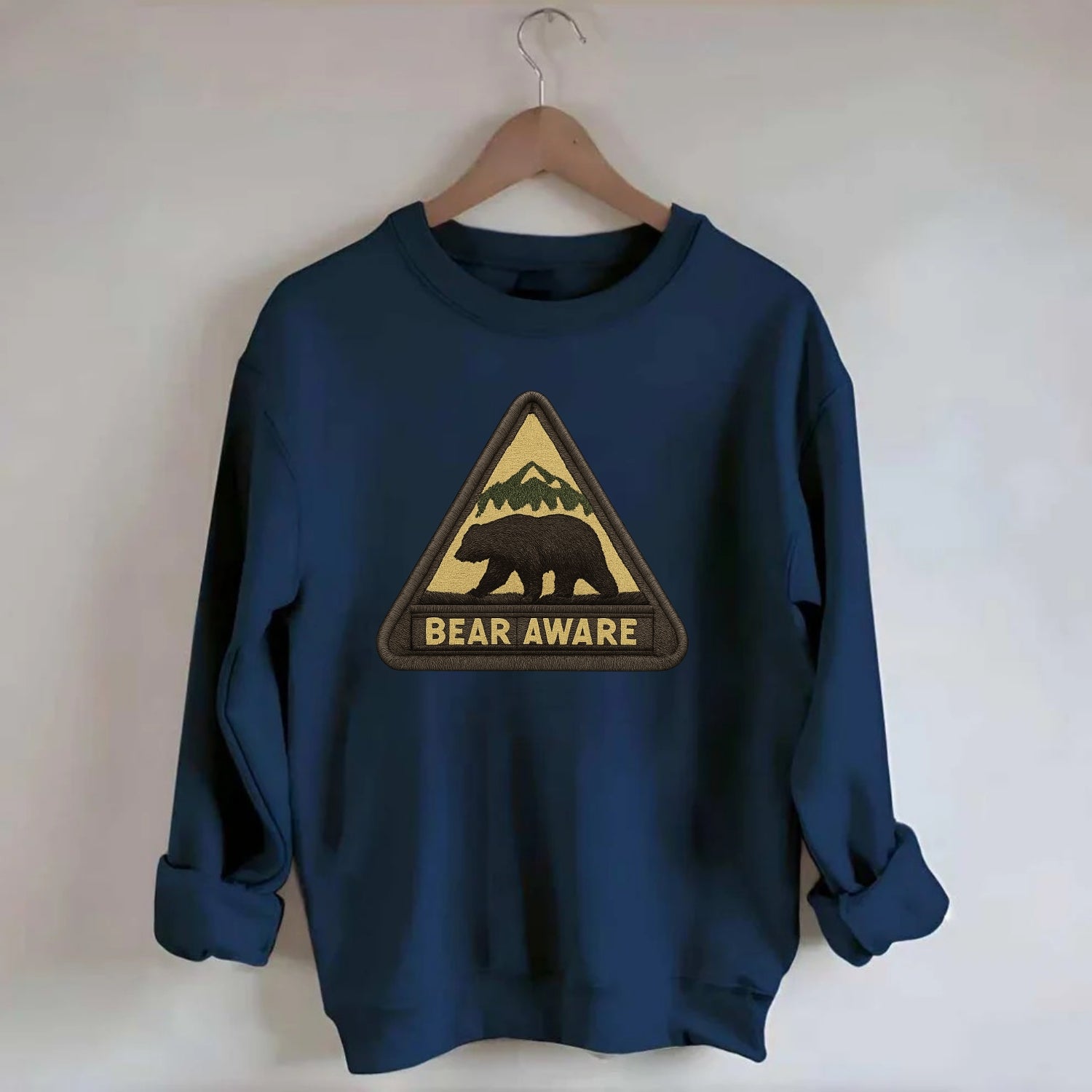 BEAR AWARE - bear silhouette warning in brown and yellow , wilderness safety - Crewneck Sweatshirt - navy