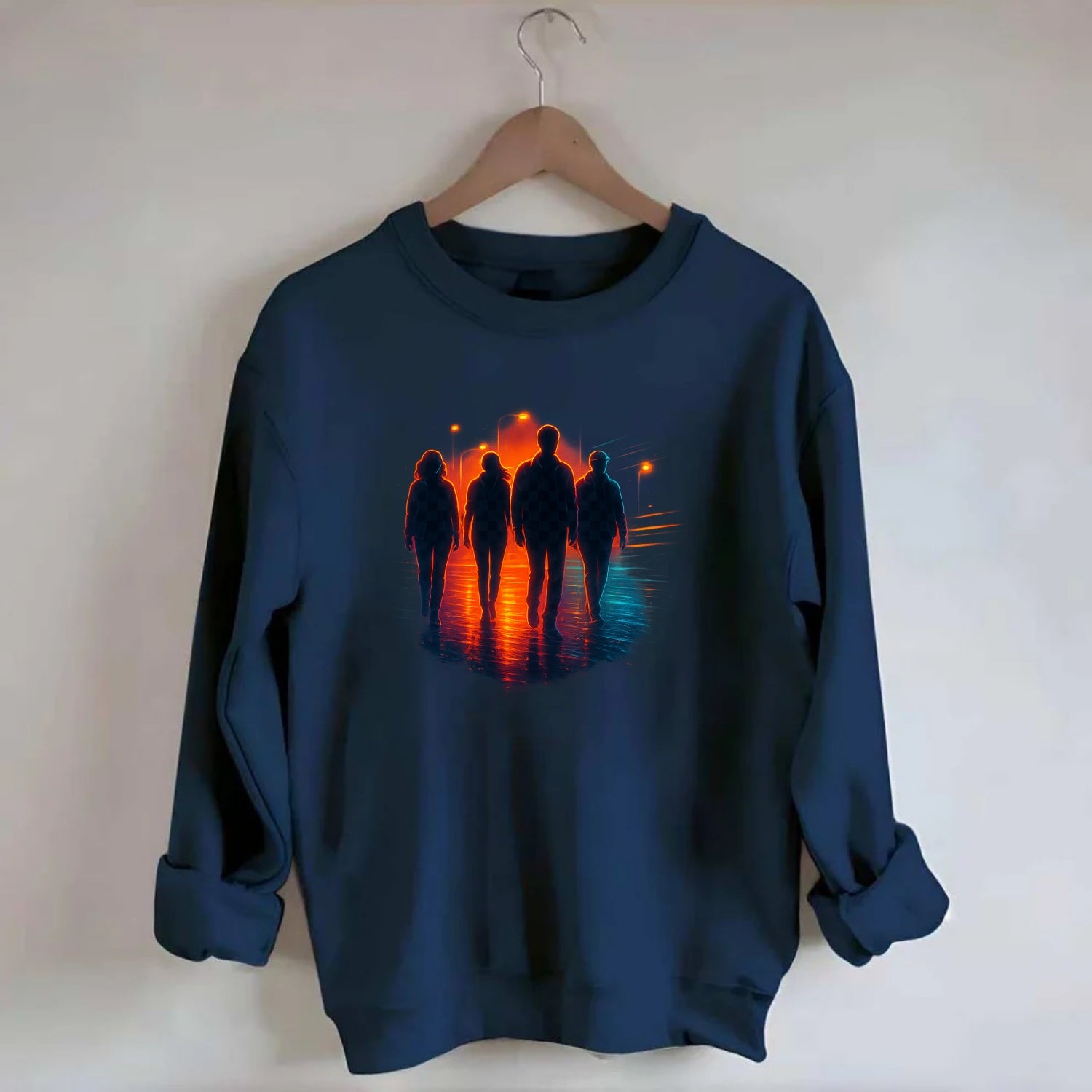 gang of silhouettes walking together at sunset by the beach - Crewneck Sweatshirt - navy