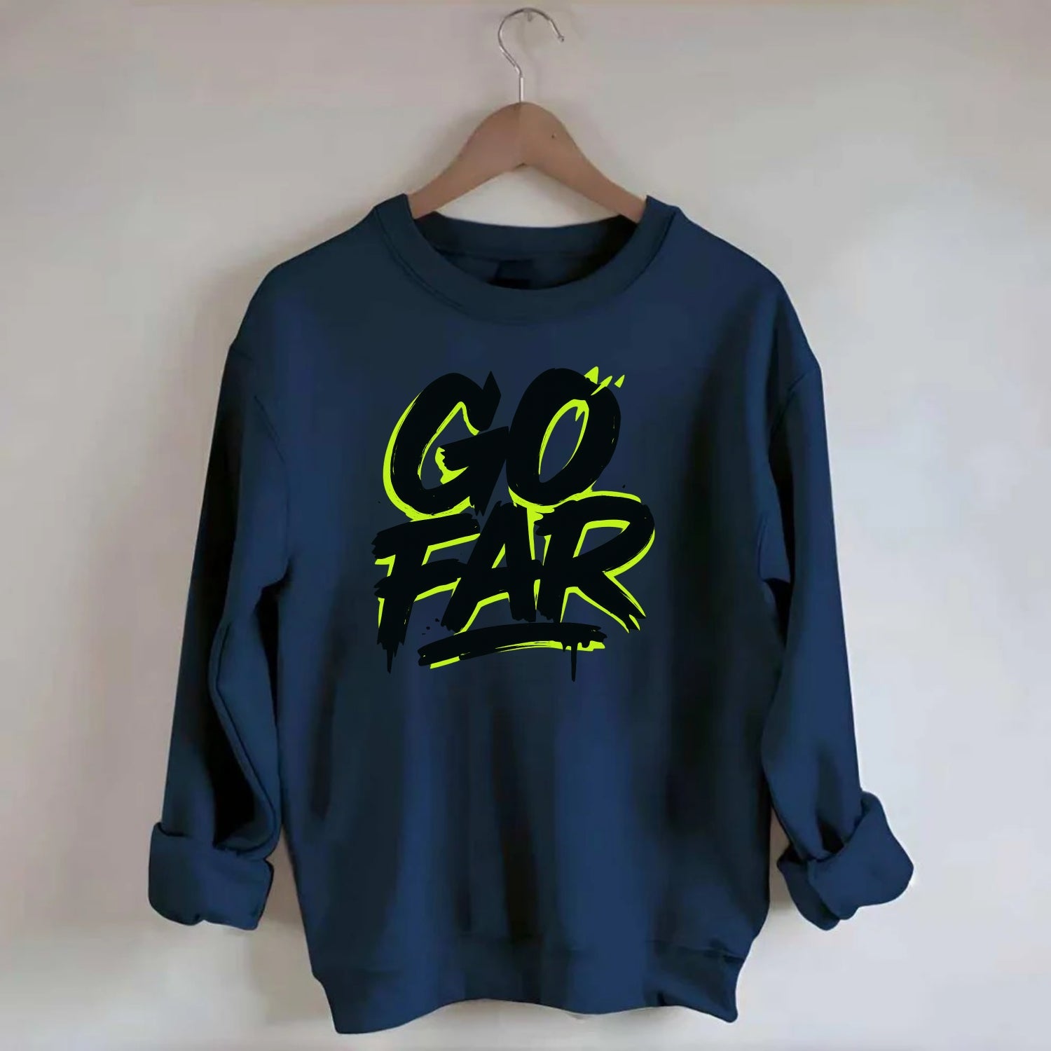 Bold typography design - "GO FAR" - distance goals, pushing limits - Crewneck Sweatshirt - navy