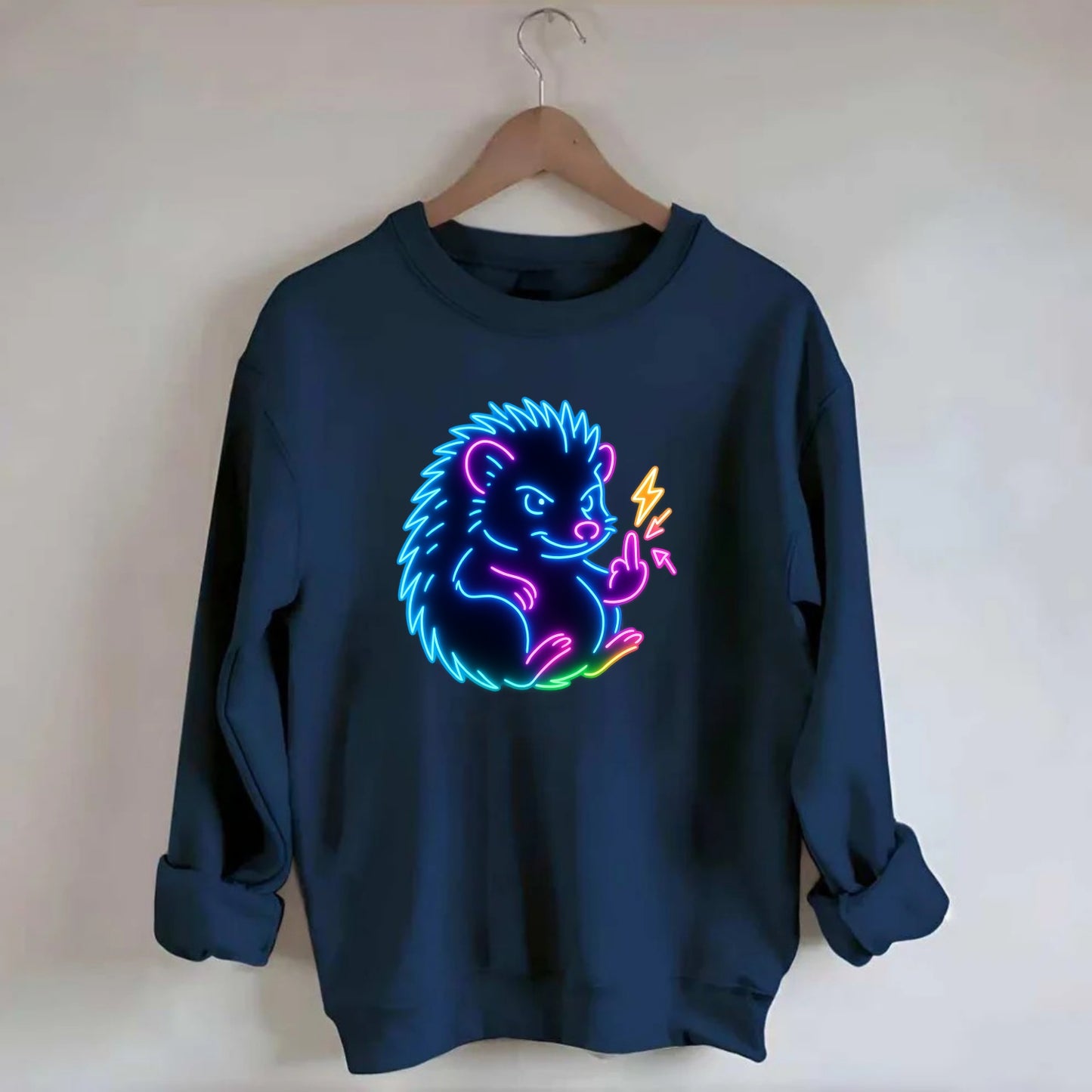tiny hedgehog curled up slightly, one little paw raised flipping the bird - Crewneck Sweatshirt - navy