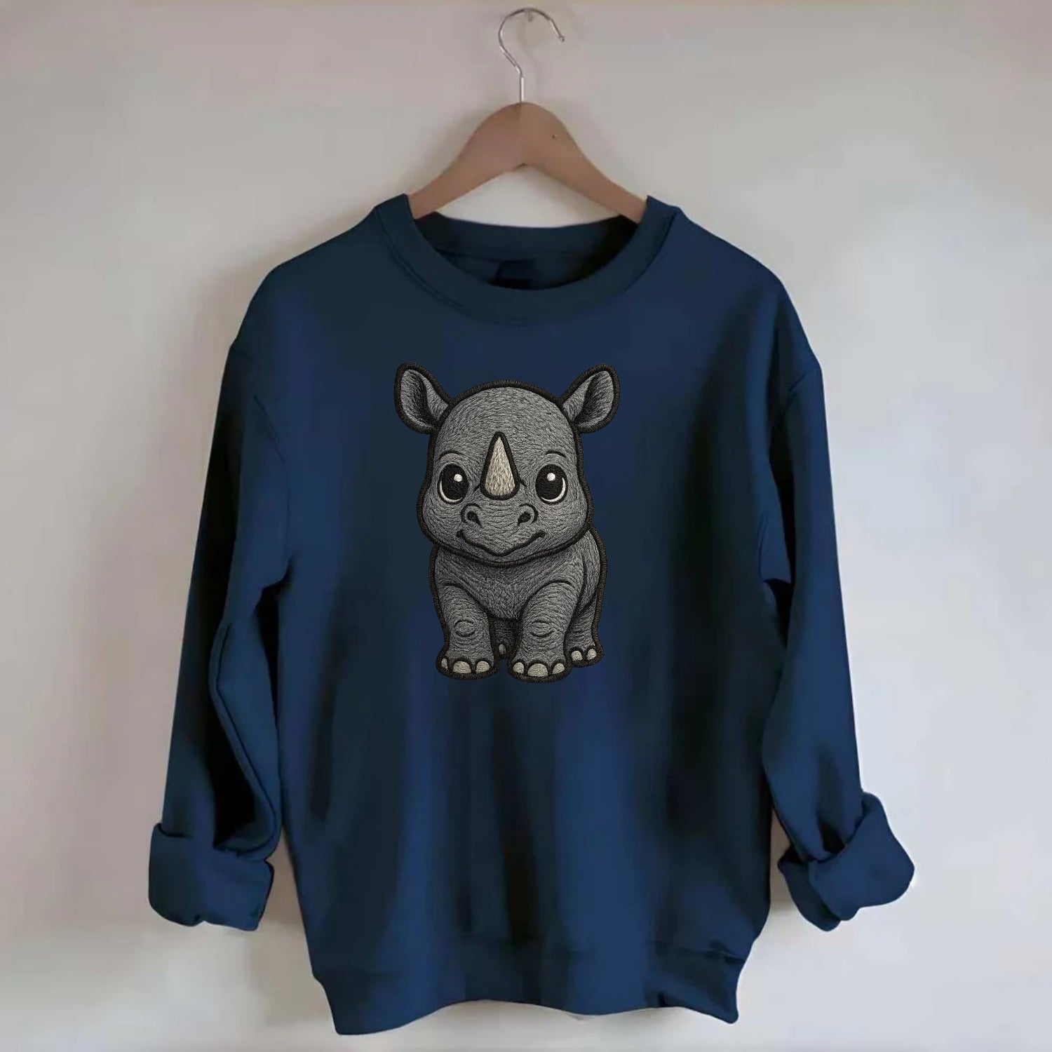Baby Rhino - gray armor skin, tiny horn nub, round eyes, front-facing, tank - Crewneck Sweatshirt - navy