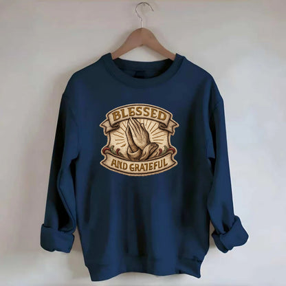 BLESSED AND GRATEFUL - praying hands with text in gold , thankful - Crewneck Sweatshirt - navy