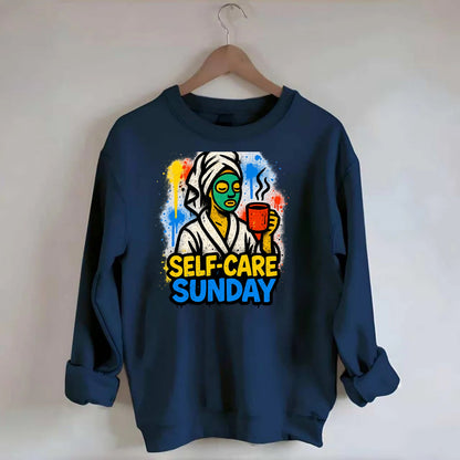 Person in bathrobe with face mask and tea - self-care Sunday ritual, wellness - Crewneck Sweatshirt - navy