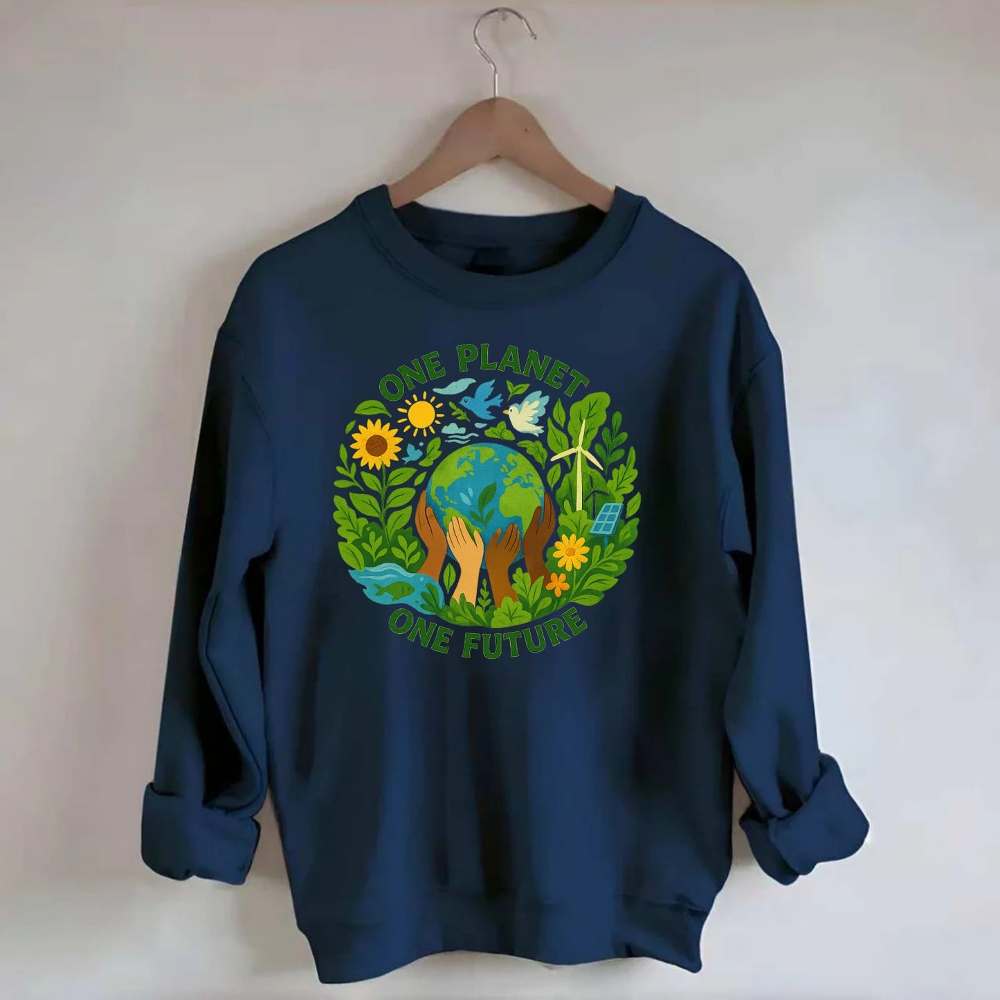Globe surrounded by hands of all colors working together - "One Planet, One - Crewneck Sweatshirt - navy