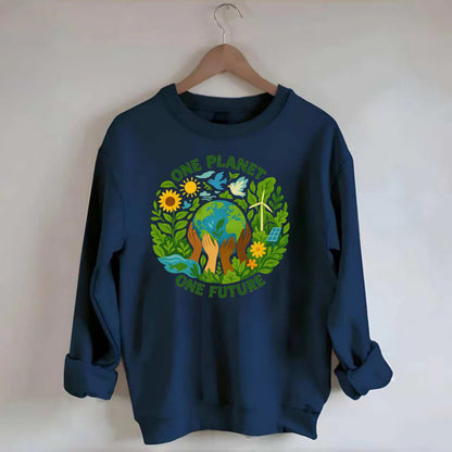 Globe surrounded by hands of all colors working together - "One Planet, One - Crewneck Sweatshirt - navy