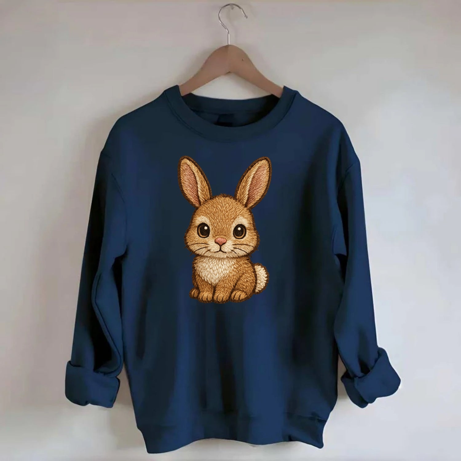 Baby Rabbit - long ears, fluffy white tail, pink nose, large brown eyes, - Crewneck Sweatshirt - navy