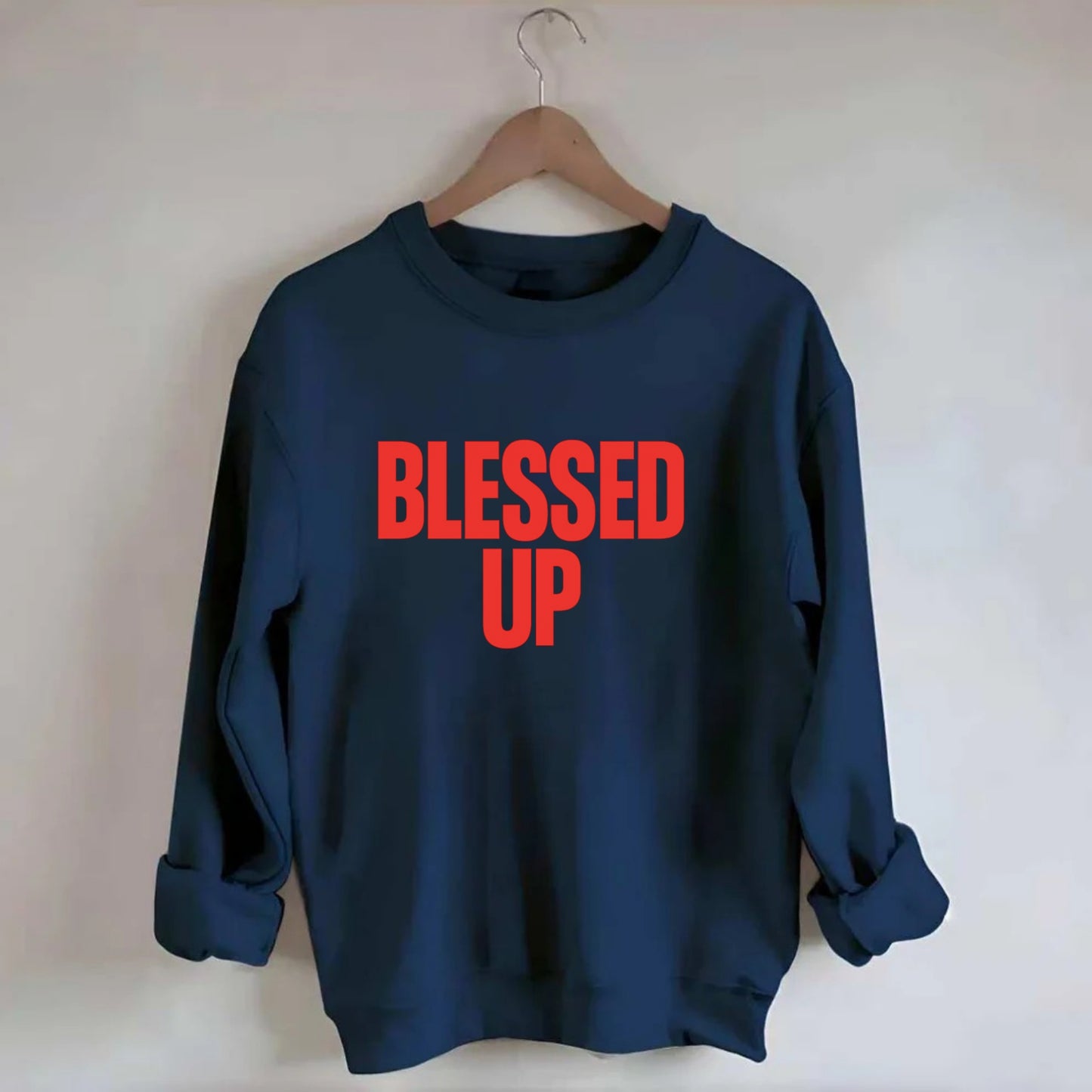 Bold typography design - "BLESSED UP" - recognizing fortune - Crewneck Sweatshirt - navy