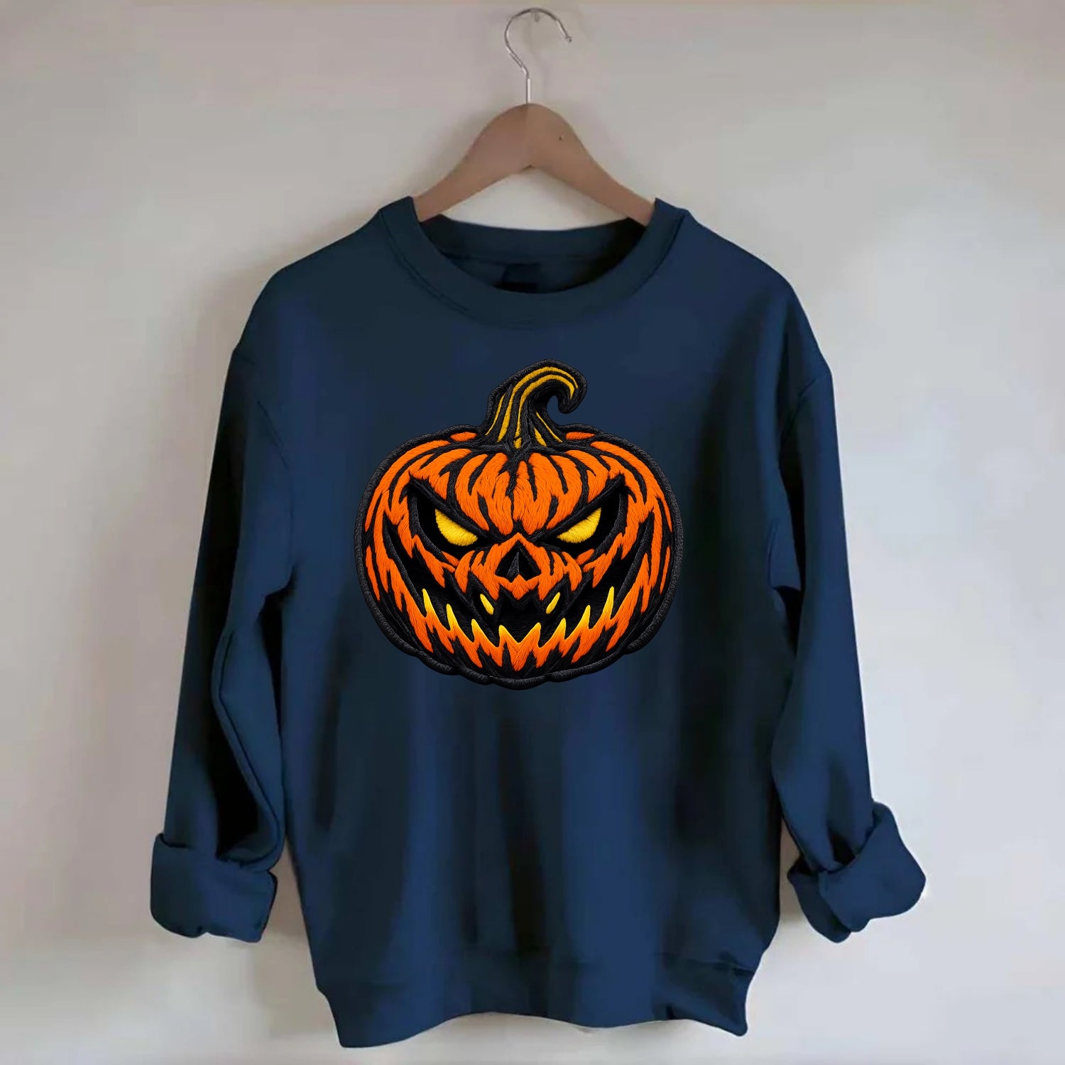 HALLOWEEN PUMPKIN - jack o lantern in orange and black , spooky - Crewneck Sweatshirt - navy