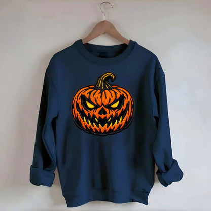HALLOWEEN PUMPKIN - jack o lantern in orange and black , spooky - Crewneck Sweatshirt - navy