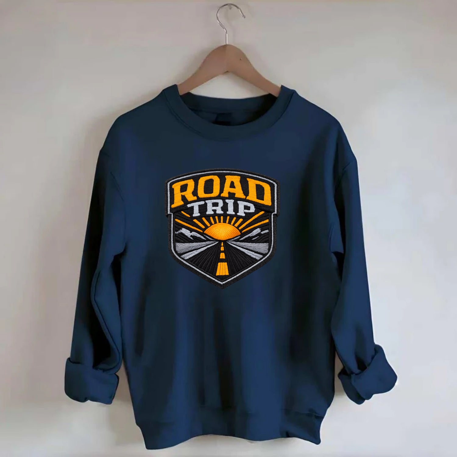 ROAD TRIP - highway and sun in orange and gray , open road - Crewneck Sweatshirt - navy