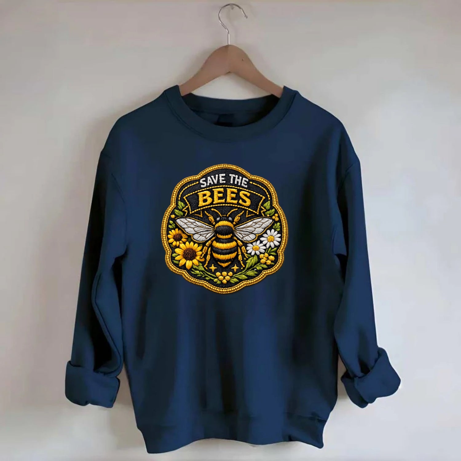 SAVE THE BEES - bee with flowers in yellow , pollinator protection - Crewneck Sweatshirt - navy