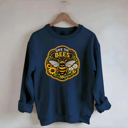 SAVE THE BEES - bee with flowers in yellow , pollinator protection - Crewneck Sweatshirt - navy