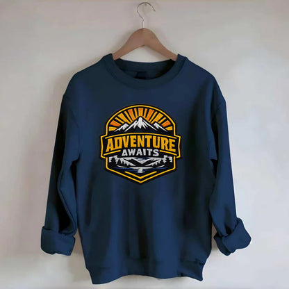 ADVENTURE AWAITS - mountain sunrise with text in gold and blue , wanderlust - Crewneck Sweatshirt - navy