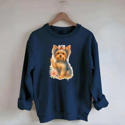 Yorkshire Terrier with topknot bow, one delicate paw flipping off - Crewneck Sweatshirt - navy