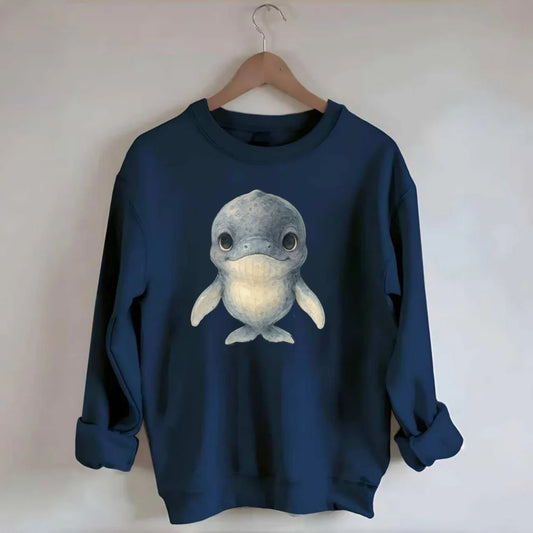 Baby Humpback Whale - dark gray with white flippers, large gentle eyes, - Crewneck Sweatshirt - navy