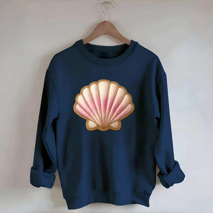SEASHELL SCALLOP - scallop shell in cream and pink , beach - Crewneck Sweatshirt - navy