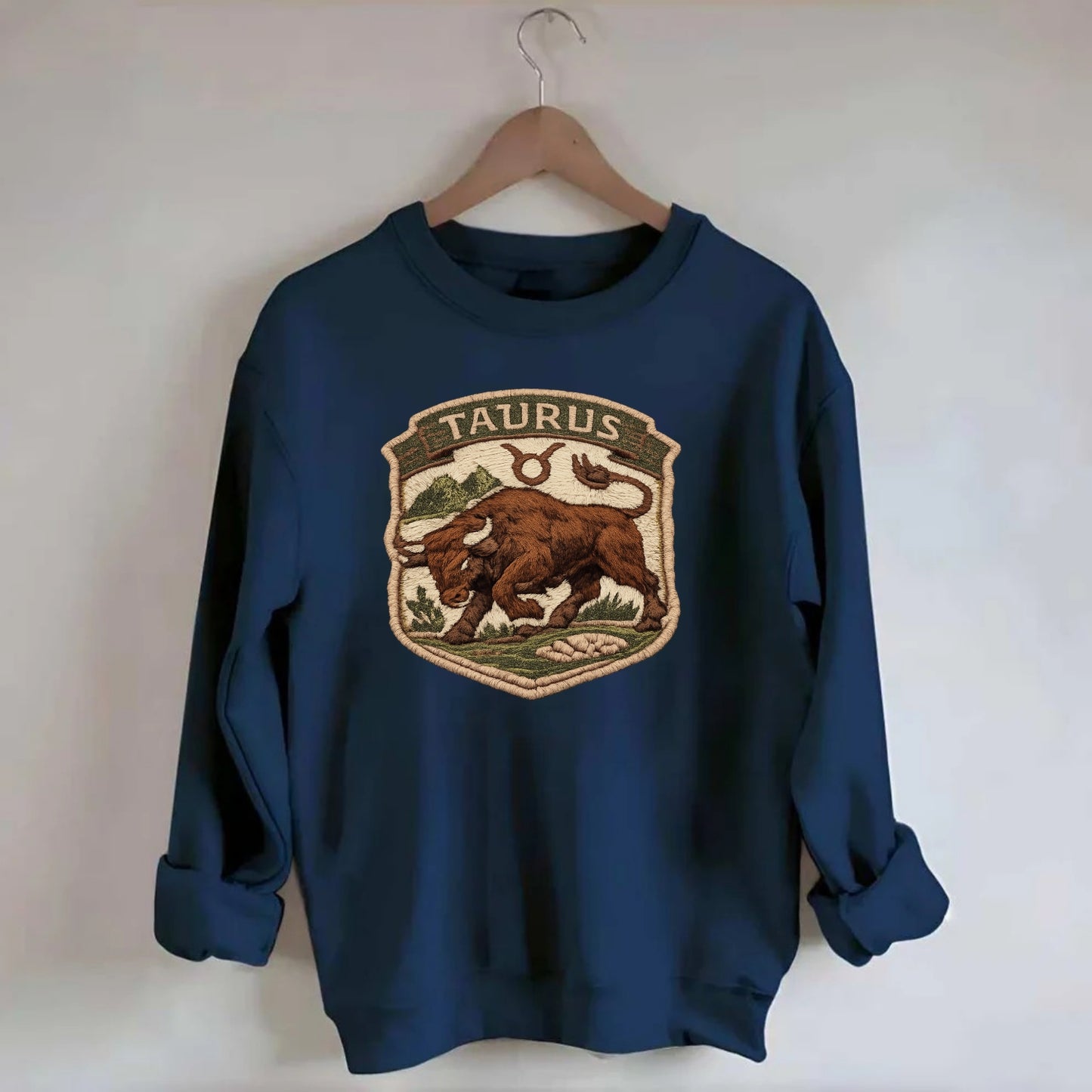 TAURUS BULL - strong bull in brown and green , earth sign - Crewneck Sweatshirt - navy