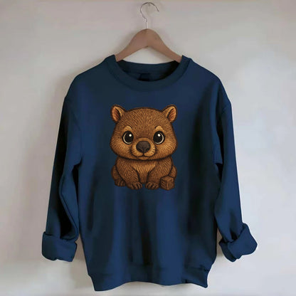 Baby Wombat - brown fur, square nose, small ears, dark eyes, front-facing, - Crewneck Sweatshirt - navy