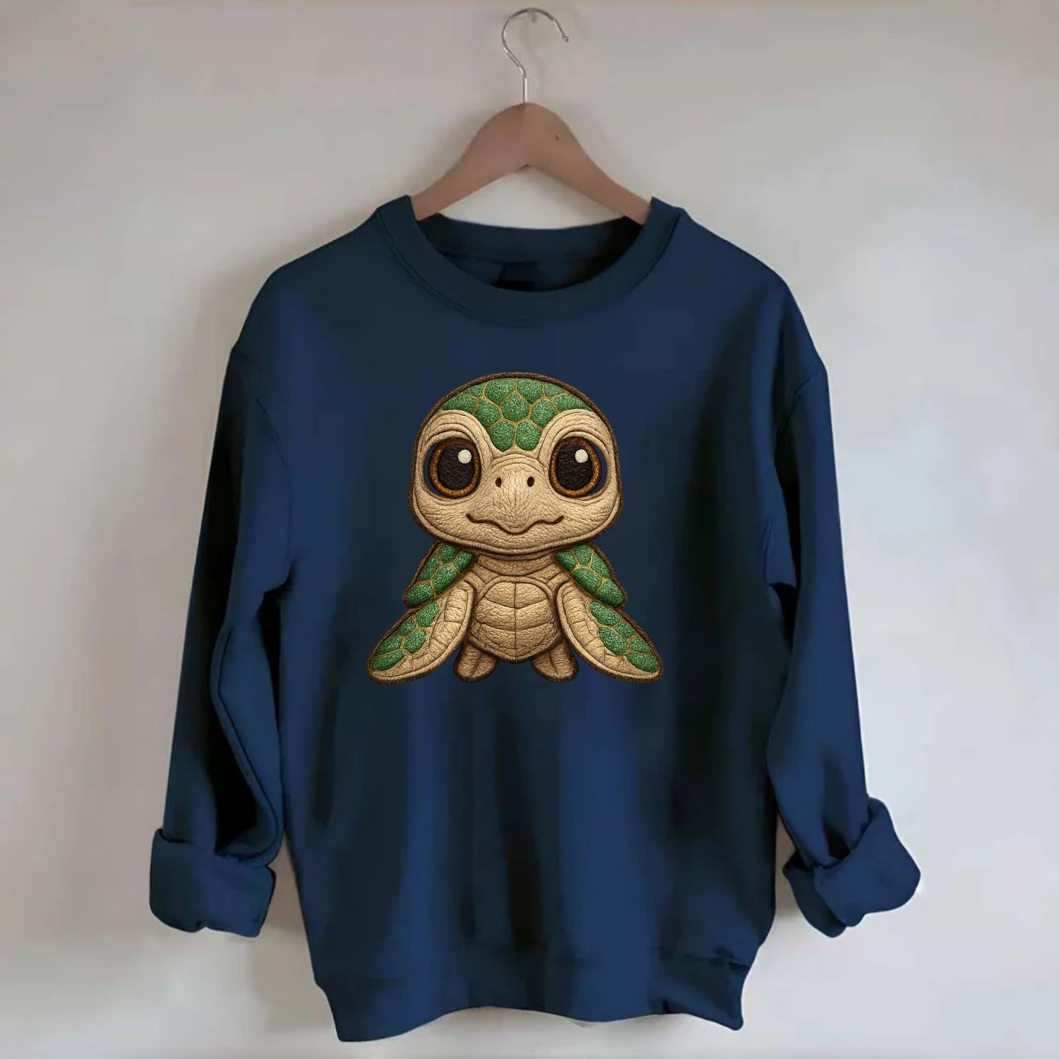 Baby Green Sea Turtle - emerald shell, large innocent brown eyes, tiny - Crewneck Sweatshirt - navy