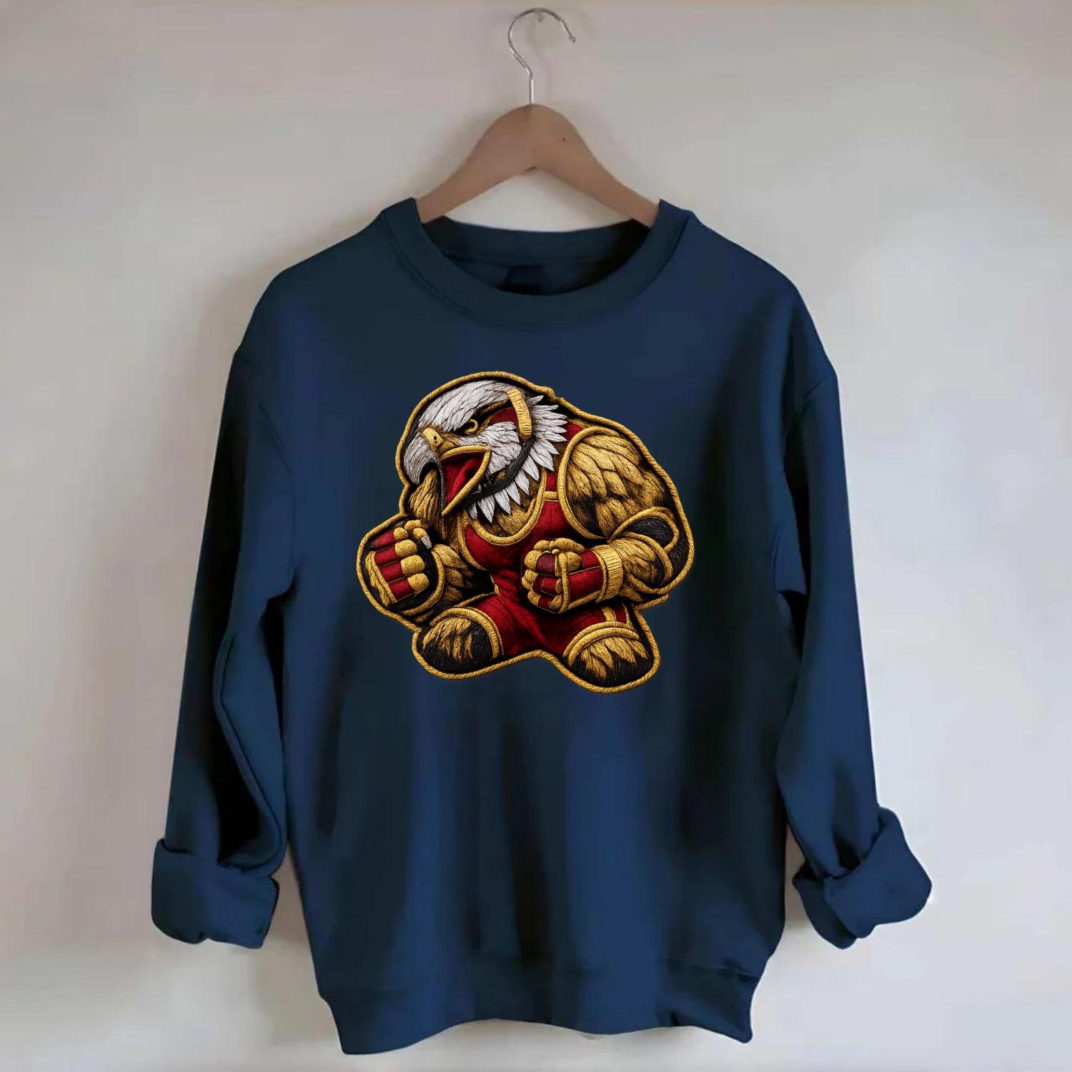 Embroidered patch design - WRESTLING EAGLE - fierce eagle with wrestling - Crewneck Sweatshirt - navy