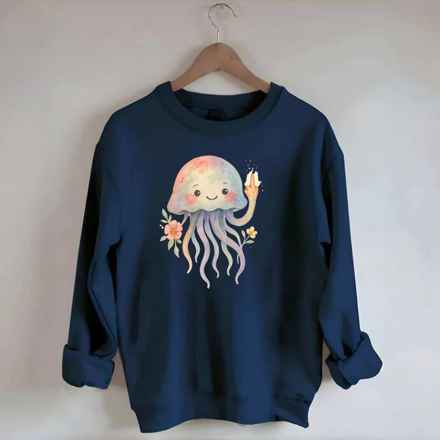 jellyfish with kawaii face and tentacles, one tentacle pointing up defiantly - Crewneck Sweatshirt - navy