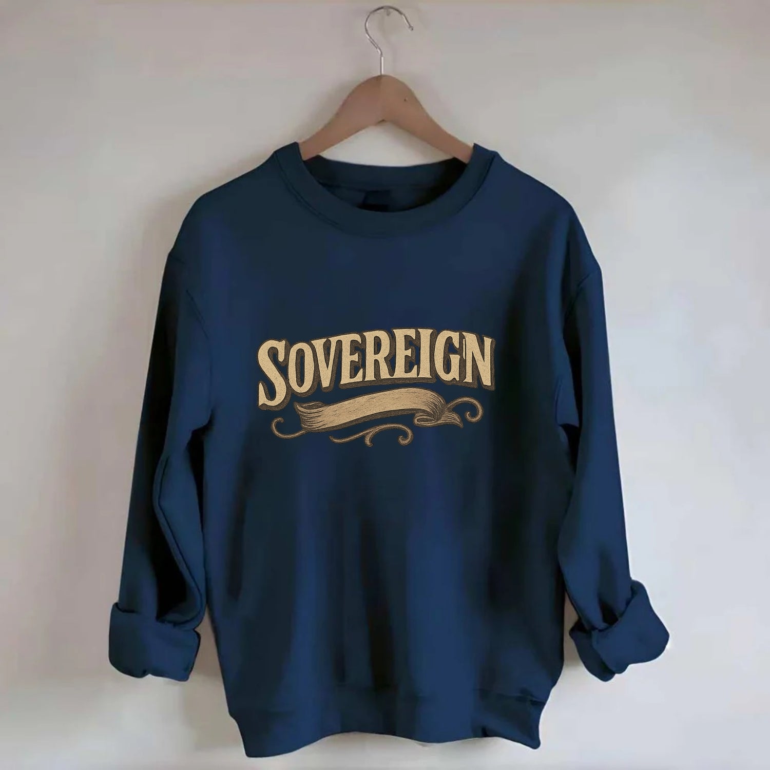 Bold typography design - "SOVEREIGN" - self-ruled, autonomous, in control - Crewneck Sweatshirt - navy